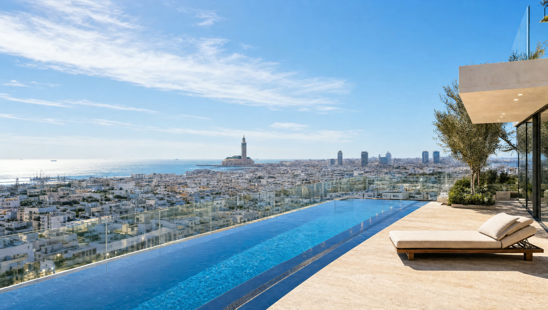 Penthouse-Terrasse mit Infinity-Pool über der weißen Stadt Casablanca mit Moschee am Atlantik