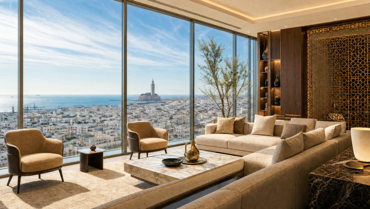 Luxuriöses Penthouse-Interieur mit Blick über das sonnige Casablanca