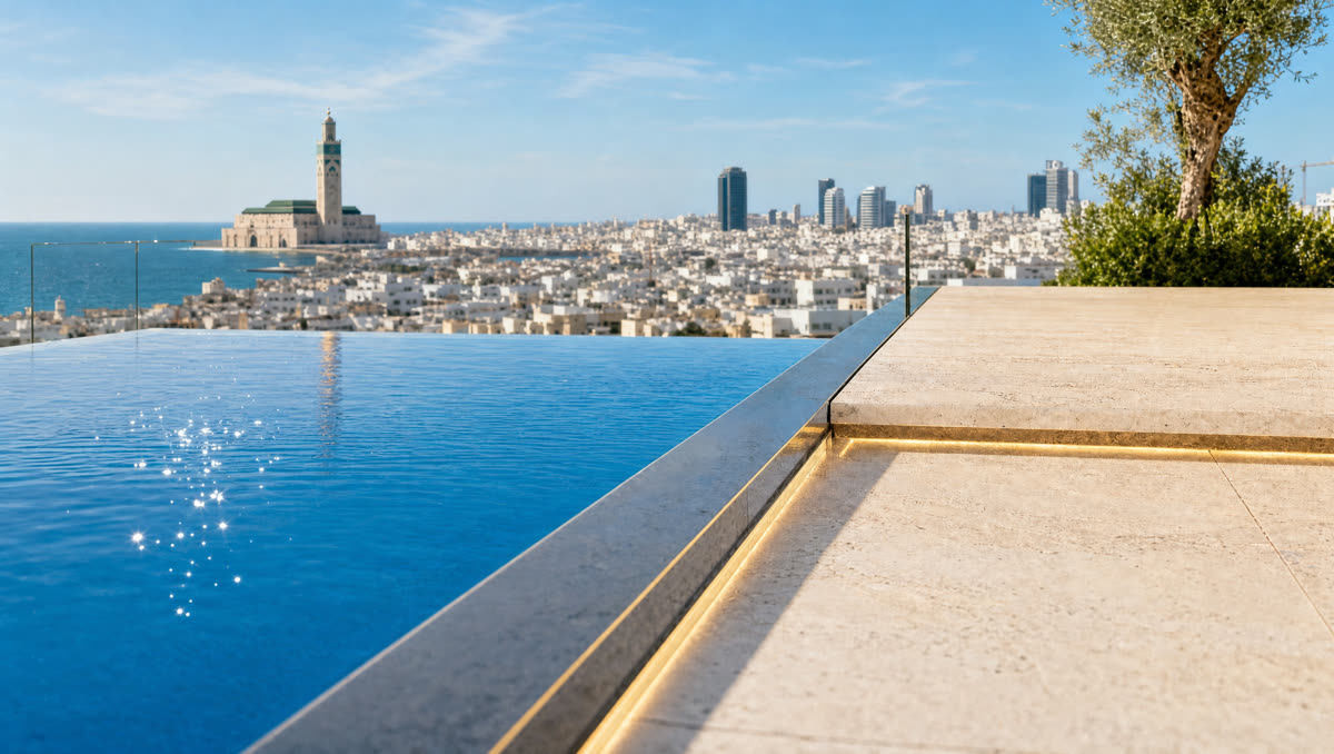 Infinity-Pool-Kante aus Naturstein im Hintergrund das sonnige Casablanca am Atlantik