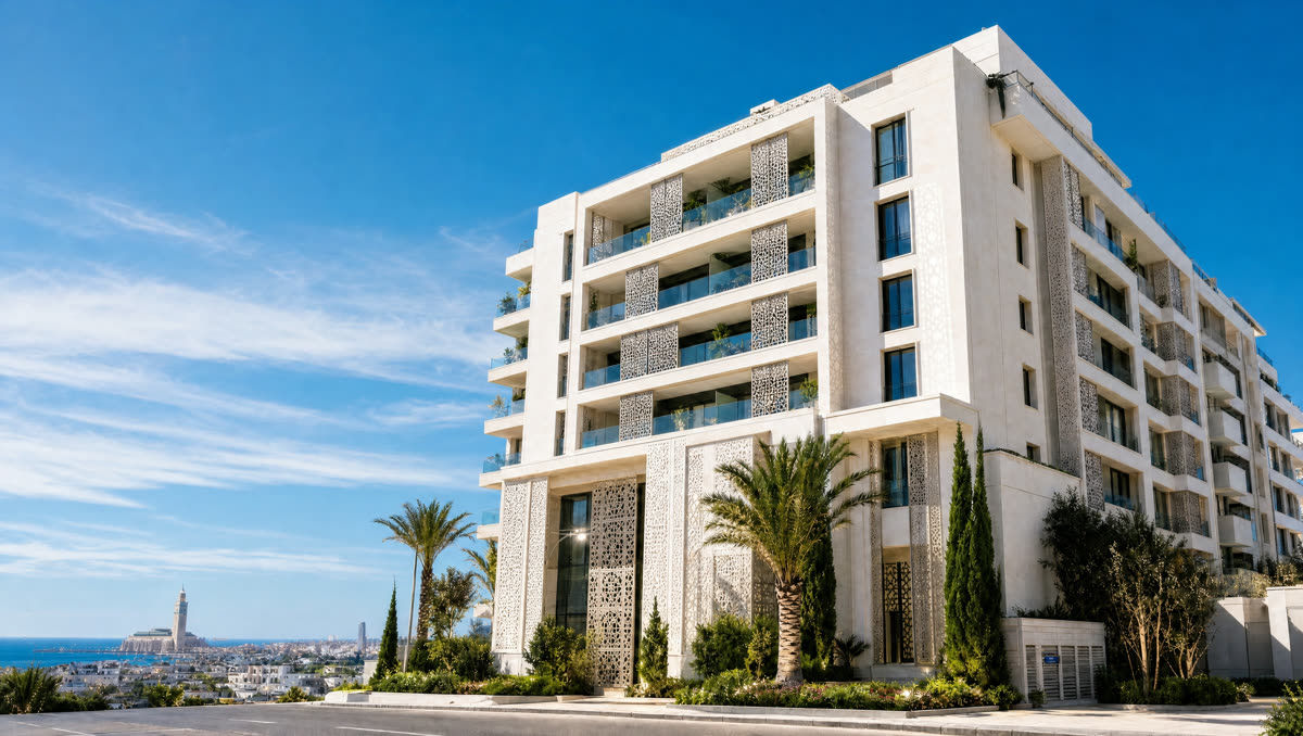Moderne Residenz in Casablanca mit Mashrabiya-Ornamentfassade im hellen Tageslicht